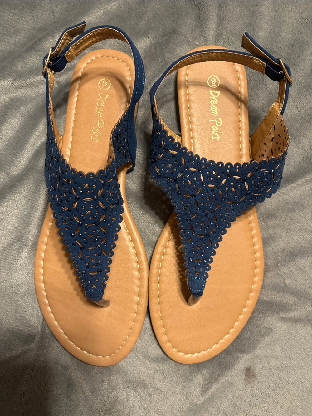 Dream Pairs Navy Laser-Cut Toe-Post Sandals